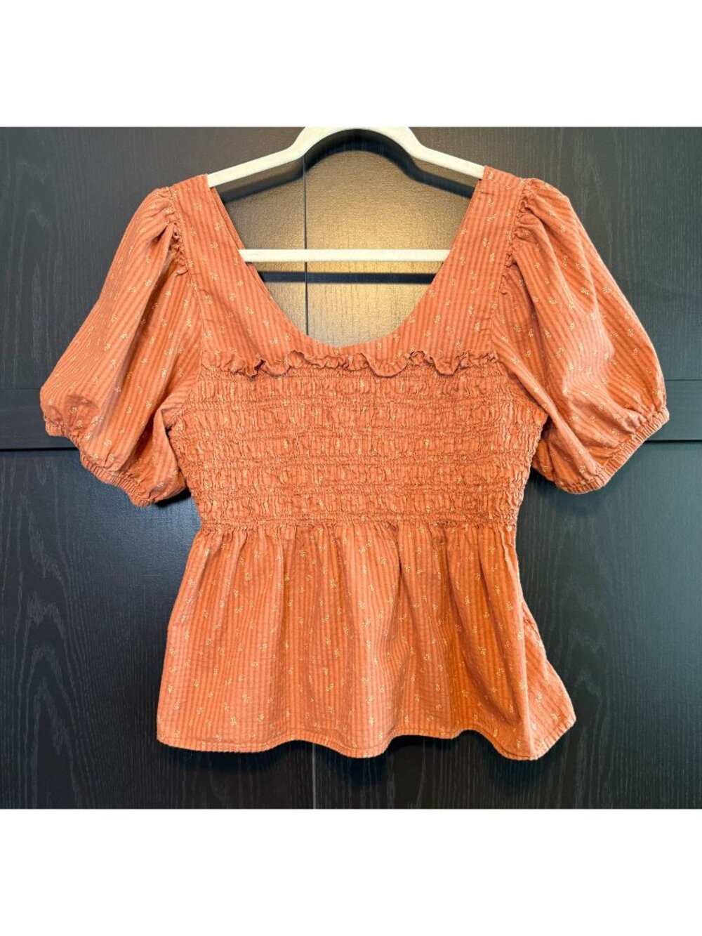 Madewell Puff Sleeve Smocked Peplum Peasant Blouse Size 10 Burnt Orange Floral